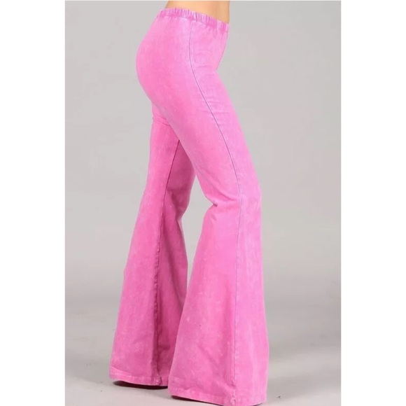 SOLD OUT Bubble Gum Pink Mineral Wash Boho Flared Pants - Picture 3 of 6